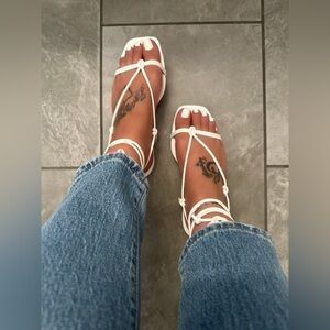 🤍 New! Elegant White Strappy Thong Sandals | Square Front Lace-Up Style 🤍